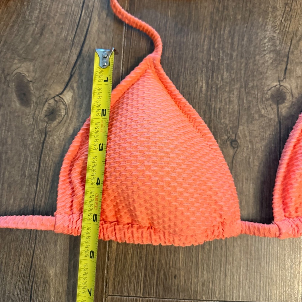 Aerie Triangle Bikini Top Womens Medium Coral Orange Textured Waffle Halter Swim - Picture 7 of 10